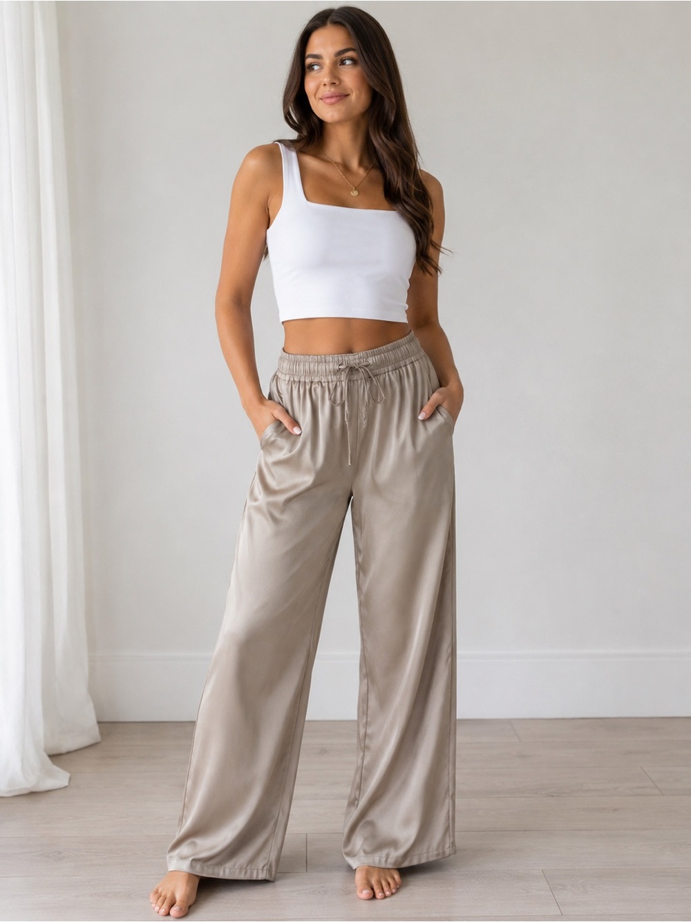 Forever 21 Taupe Satin Wide Leg Drawstring Pants XS
